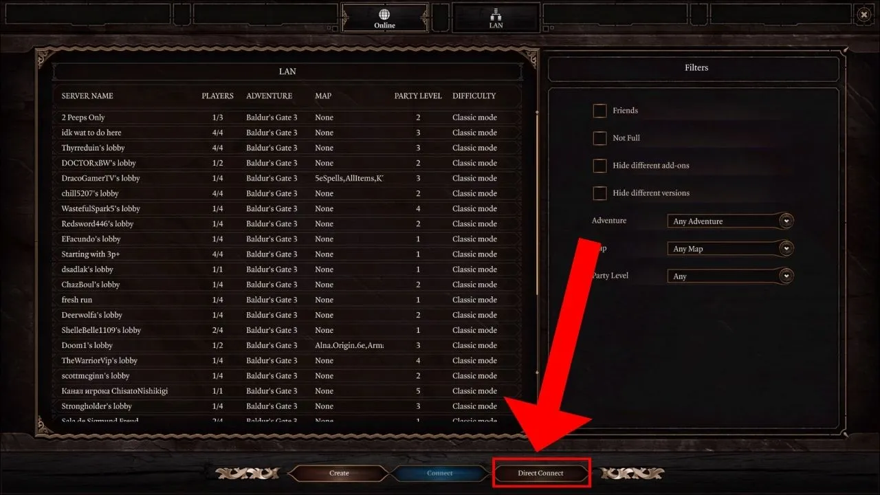 Screen showing all lobbies and how to input your direct connection server ID in baldur's Gate 3