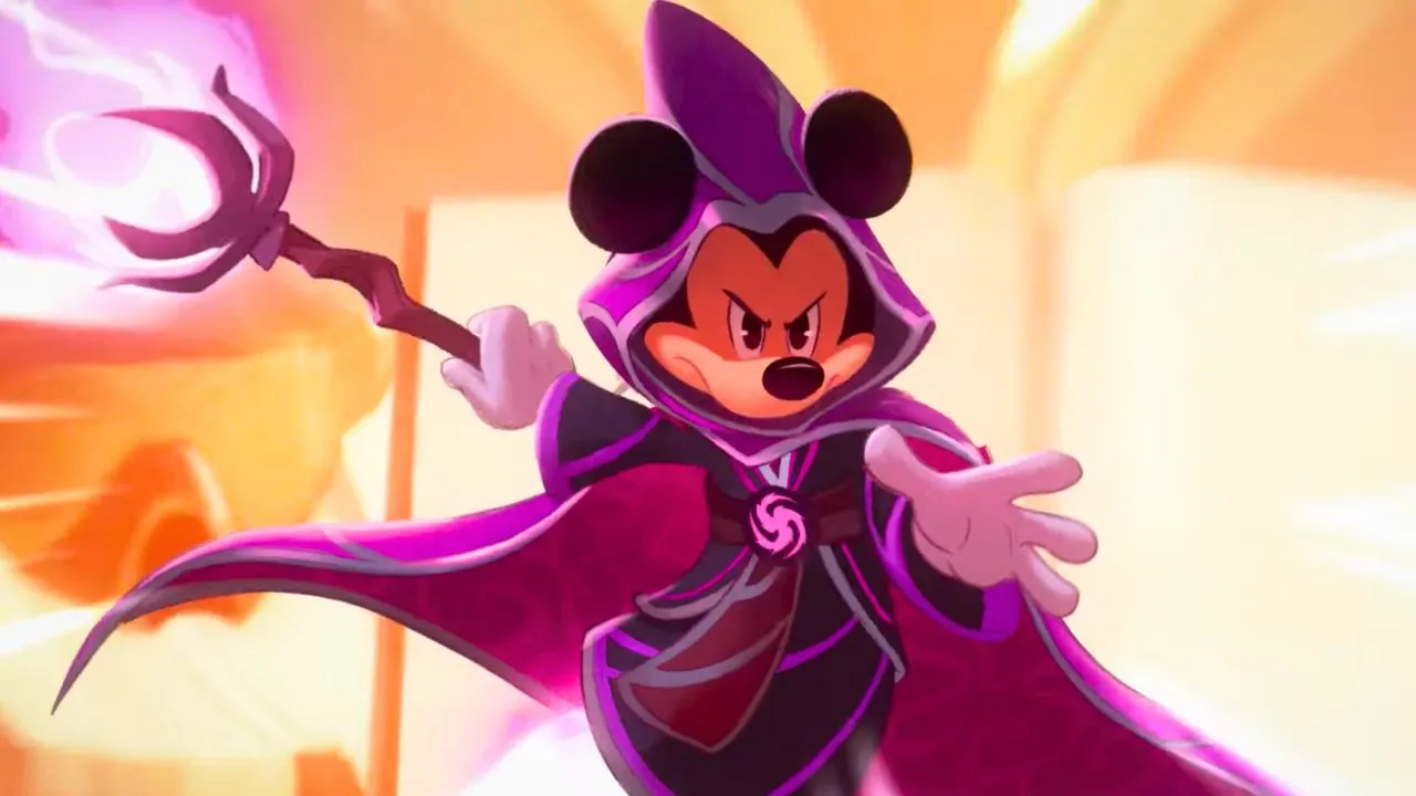 A mouse wearing a purple robe and a staff in Disney Lorcana.