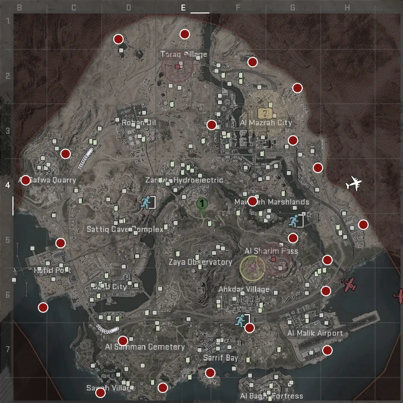 A screenshot of a map of Al Mazrah in DMZ, with red circles highlighting the many spawn points the map has.