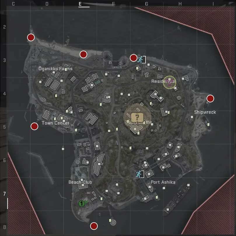 A screenshot of a map of Ashika Island in DMZ, with red circles highlighting the many spawn points the map has.