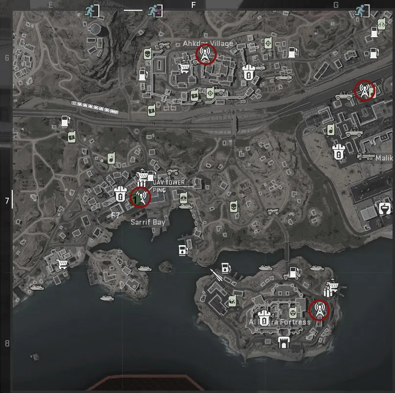 A screenshot of a map of Al Mazrah, with four UAV icons marked by red circles.
