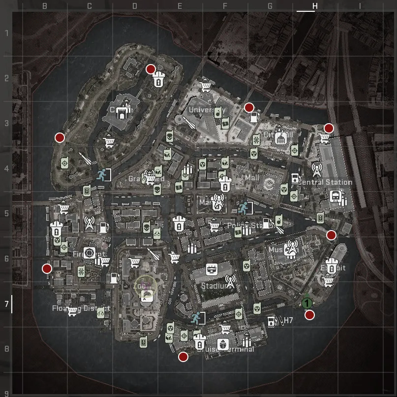 A screenshot of a map of Vondel in DMZ, with red circles highlighting the many spawn points the map has.