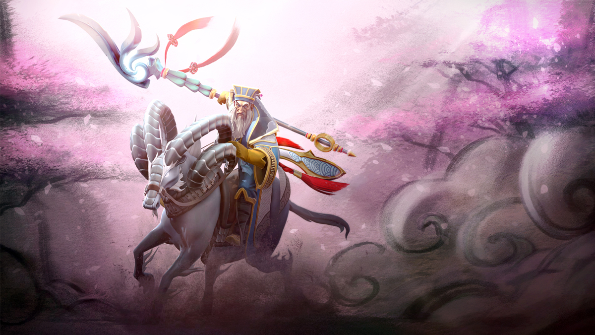 Dota 2's Keeper of the Light on his white horse, wielding a white staff and riding in front of a pink background.