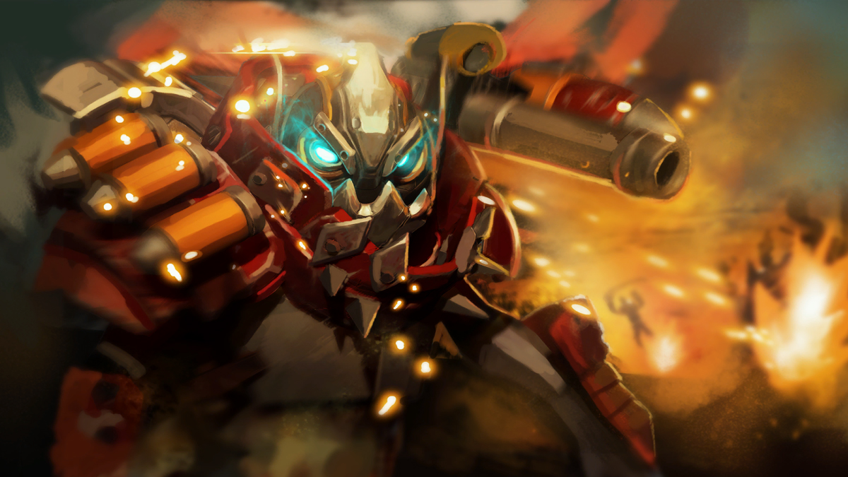 An angry robot with weapons stares menacingly while fire grows around it in Dota.