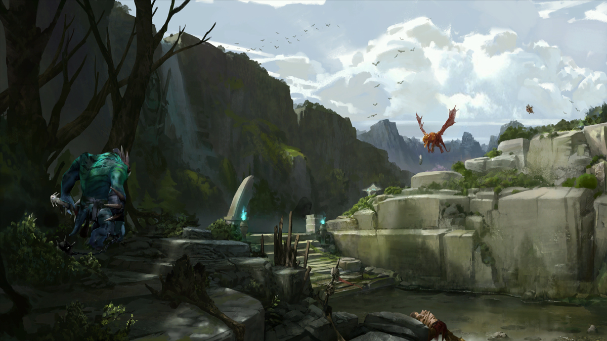 A selection of Dota heroes in the distance on the map, scattered around a tree and some Radiant cliffsides.
