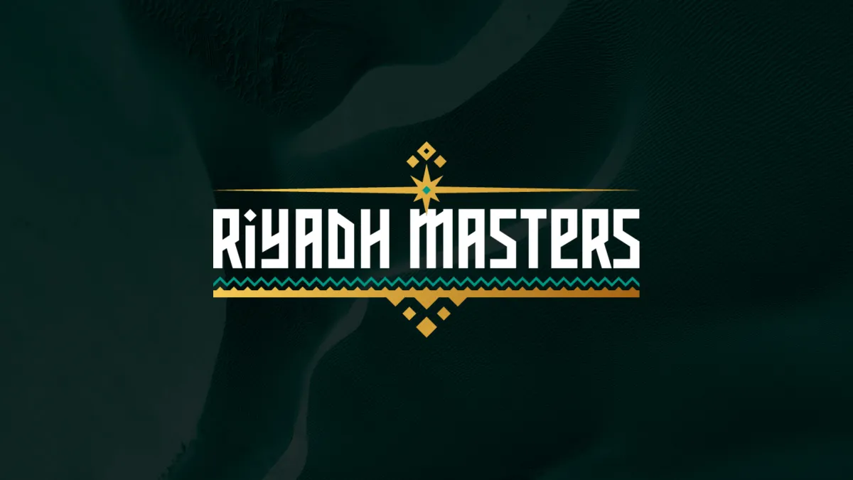 The Riyadh Masters logo hyper imposed over sand dunes.