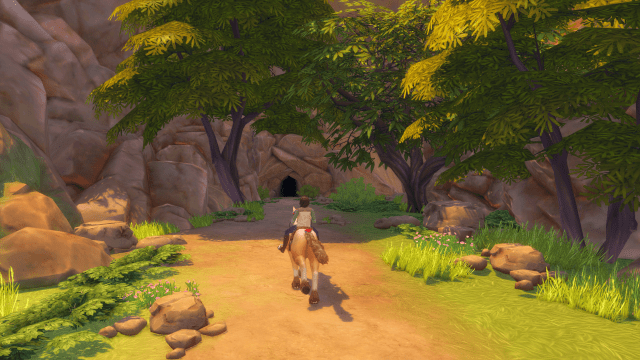 A sim riding a horse near a cave. 