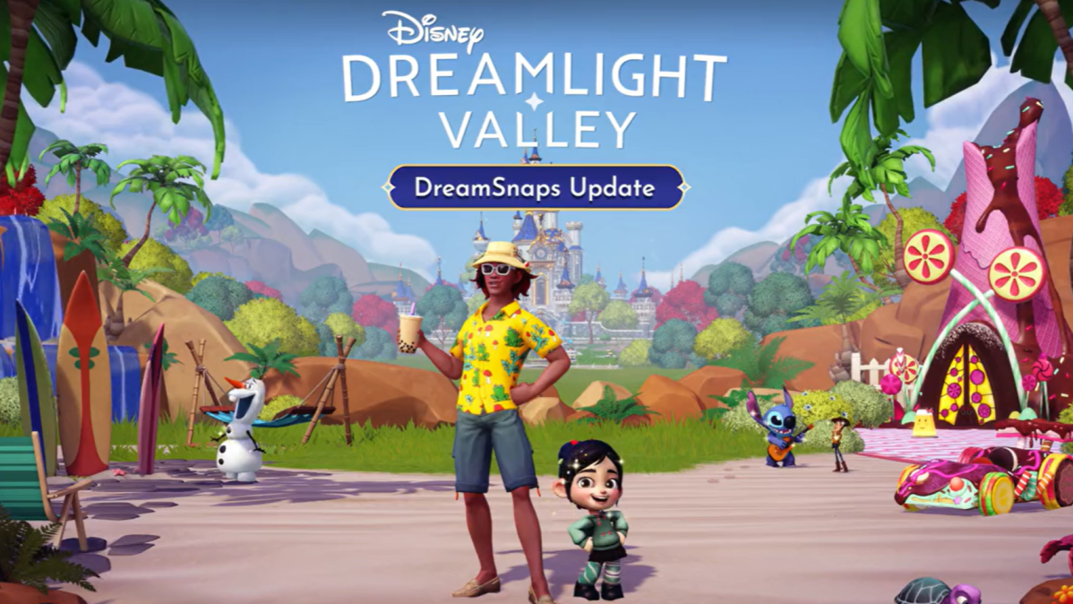 The key artwork for Disney Dreamlight Valley's DreamSnaps update featuring the player standing next to Vanellope while drinking boba, Olaf on the left looking at surfboards, and Woody and Stitch hanging out on the right near Vanellope's candy house and car.