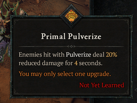 A screenshot of the Primal Pulverize Core Skill in Diablo 4's Druid skill tree.