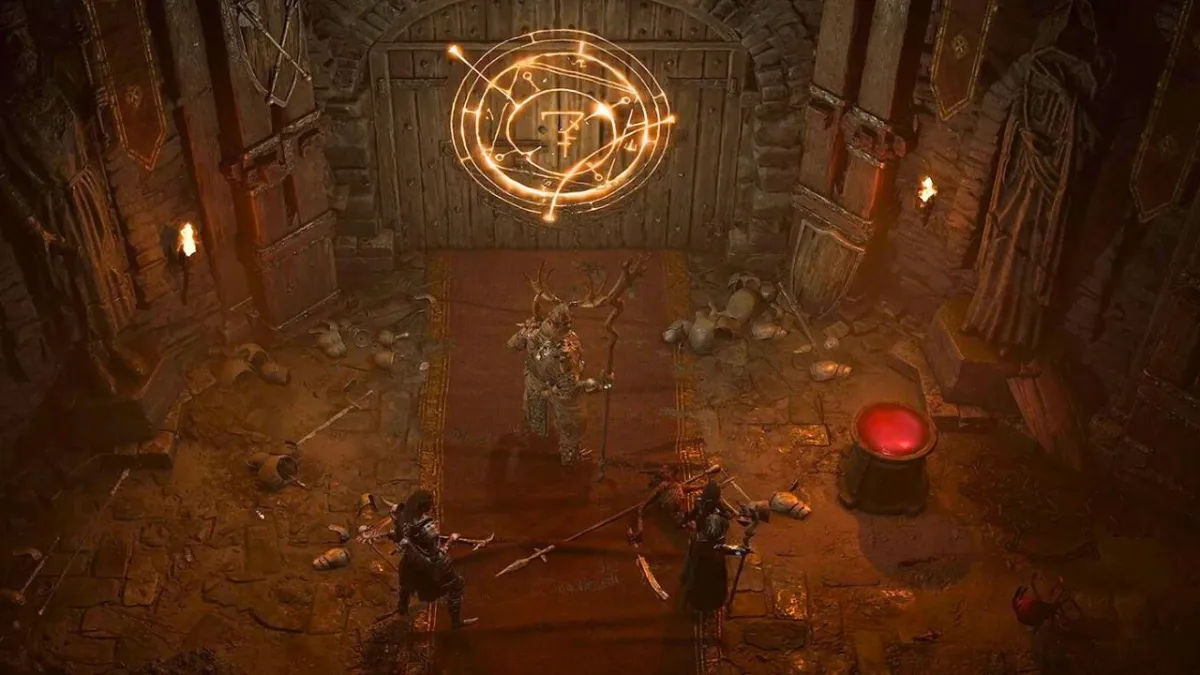 Three people standing in front of a door with a glowing symbol in Diablo 4