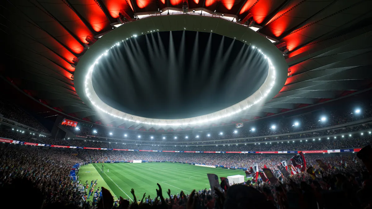 EA FC 24 stadium with circular lights shining over the field