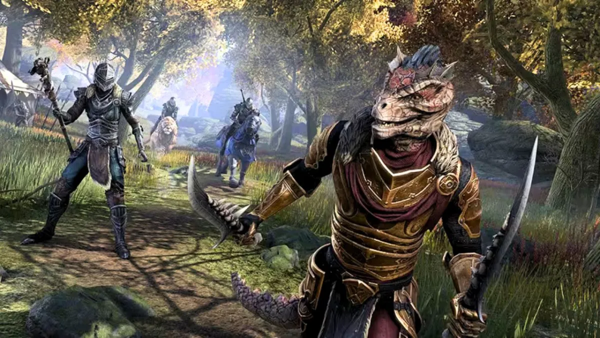 An Argonian, a lizard man, holding knife being chased my armored men on a lion and horse in Elder Scrolls Online