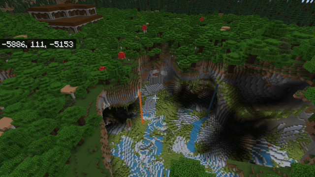 An exposed lush cave in the middle of a dark oak forest by a Woodland Mansion with water and lava pouring into it. 