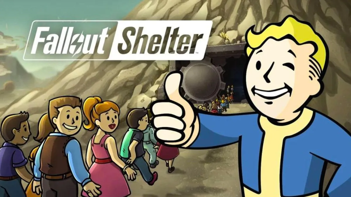 Cartoon man winking with thumbs up as a line of people walk into cave in Fallout Shelter