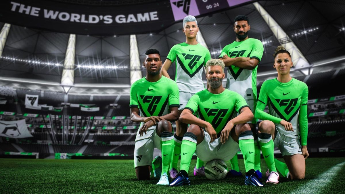 Five players in green, black, and white EA Sports FC kits