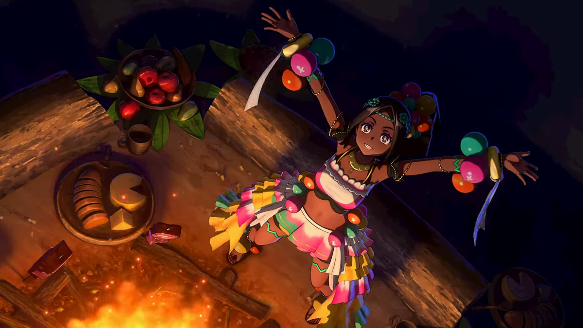 Timerra from Fire Emblem Engage dances around a campfire at night.