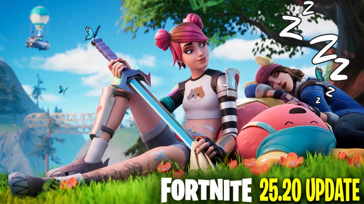 Fortnite's Summer Skye sitting on the grass with sleeping friends and a sword in her hand.