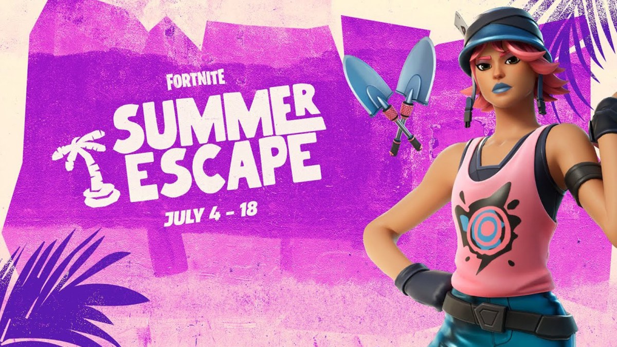 Fortnite character posing in front of the Summer Escape event logo.