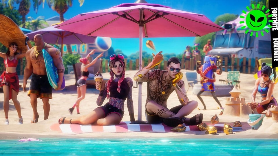 Fortnite characters relaxing under a beach umbrella during the summer. 