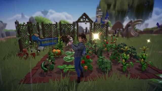 The player holding a rabbit in front of a garden.