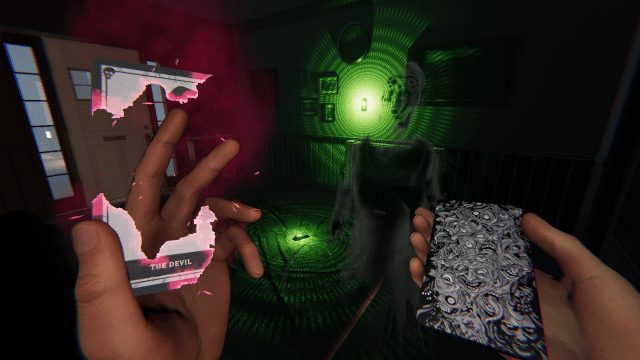 The player holding Tarot Cards in front of a D.O.T.S. Projector.