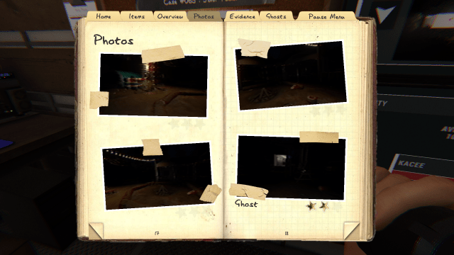 The player's journal open on the photos page where they captured a photo of the ghost at Camp Woodwind.