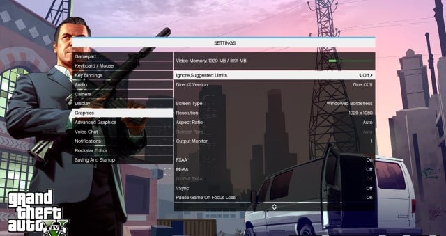 A screenshot of GTA 5's graphics settings screen.