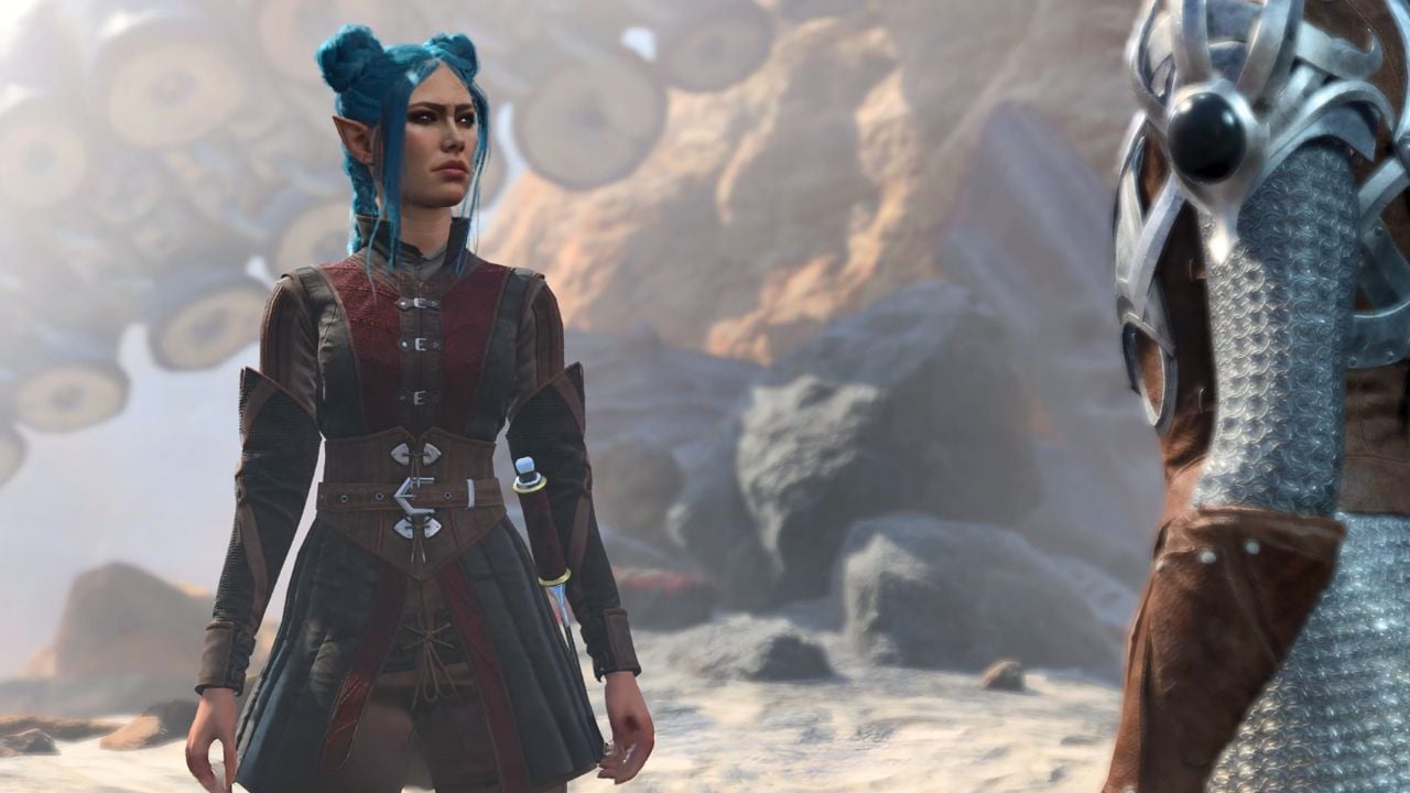 Woman with blue hair wearing leather armor talking to a person in heavy armor in Baldur's Gate 3.