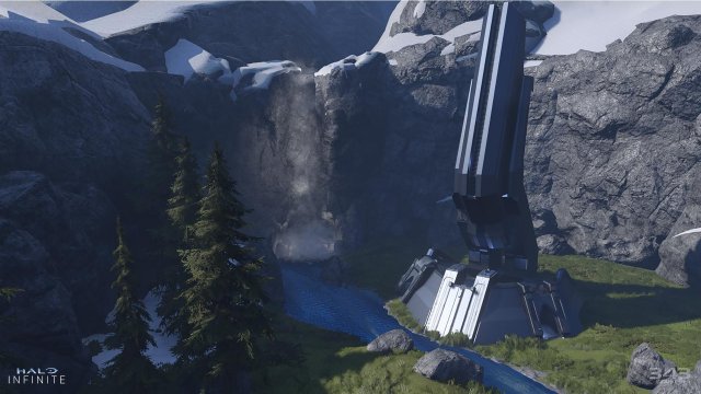 One of the Forerunner bases on the Halo Infinite map Vallaheim, a remake of Halo 3's Valhalla. It's surrounded by snow-capped mountains and grasslands.