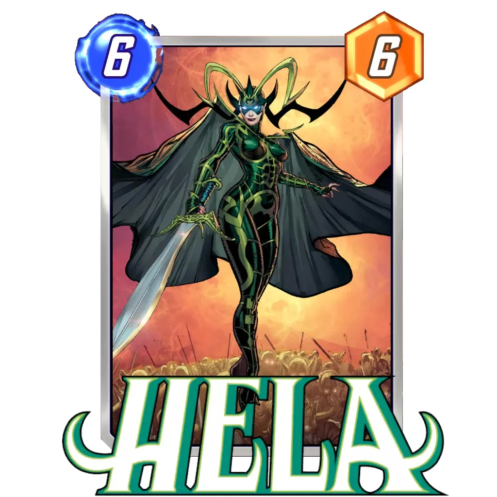 Hela's card in Marvel Snap, showing a cost of six and a power of six. She is standing on a floor of skulls.