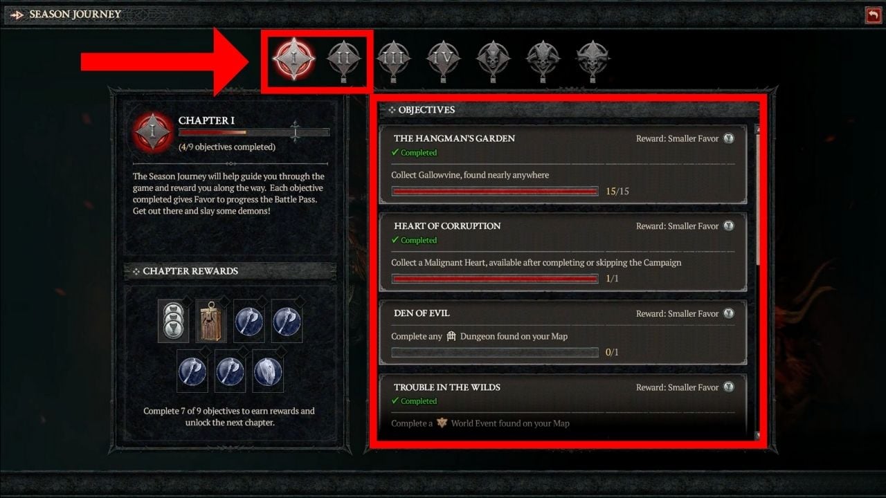 Red boxes and arrow outlining the objectives for holding back the floods quest in Diablo 4