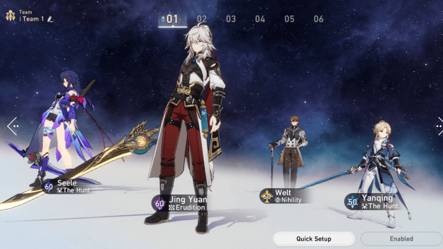 The team setup page in Honkai: Star Rail featuring a team with Seele, Jing Yuan, Welt, and Yanqing. 