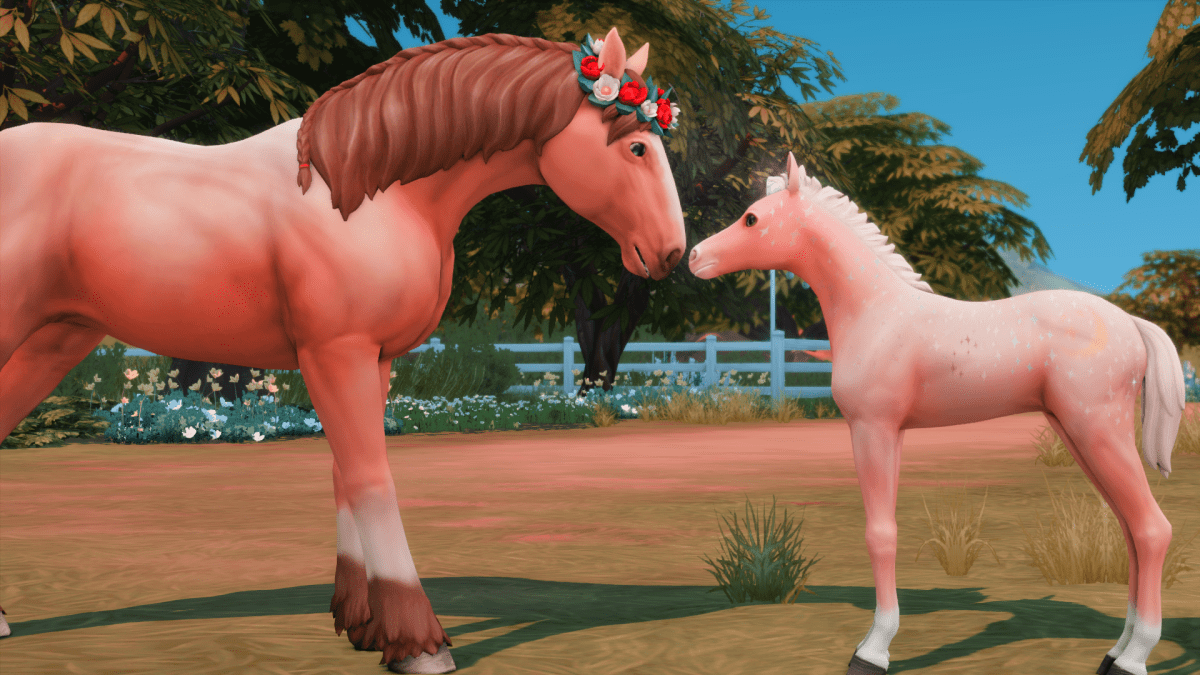 A pink horse and foal together, standing in a field with a fence and tree in The Sims 4 Horse Ranch.