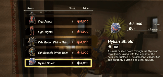 Image of Cece's shop menu in Hateno Village, highlighting the Hylian Shield on sale for 3,000 rupees.