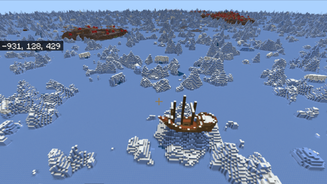 A shipwreck frozen in an icy biome and two mushroom field biomes in the distance behind it. 