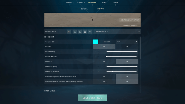 A screenshot of the crosshair settings menu inside VALORANT.