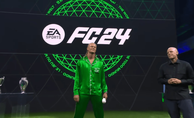 Erling Haaland and Nick Wlodyka standing on stage at EA FC 24's reveal.