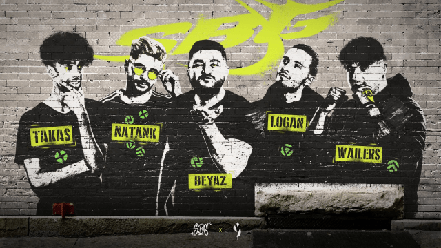 An artistic image of the Gentle Mates VALORANT roster, in a graffiti style, spray painted on a brick wall.