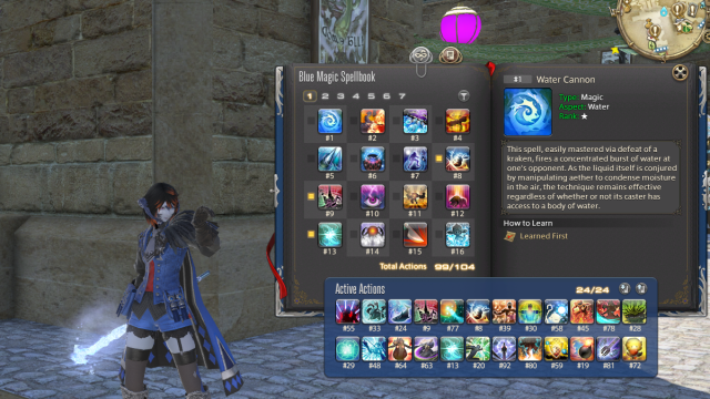 Screenshot showing the Spellbook of Blue Mage and the character.