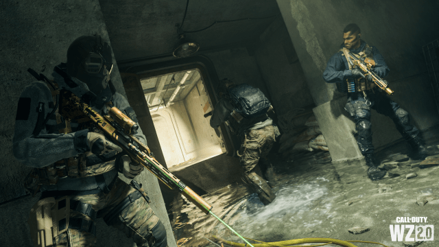 Three soldiers move through a partially-flooded zone in Koschei Complex in DMZ.