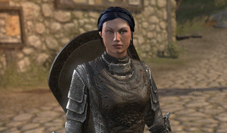 Isolbel Velois is a Breton Templar. Her black hair is braided in a crown around her head and she wears silver chain mail.