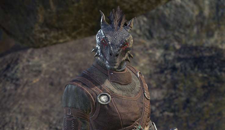 Sharp-As-Night is an Argonian Warden. He has horns on the back of his head and his jaw, and red paint around his eyes.
