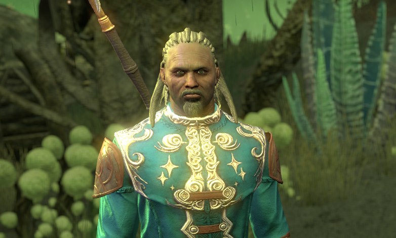 Azandar Al-Cybiades is a Redguard Arcanist. He wears a blue top with golden decor.