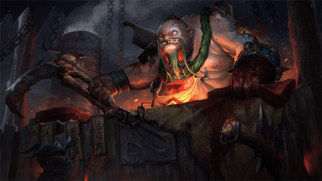 Pudge, a large butcher, sits at a desk with a hook in Dota 2.