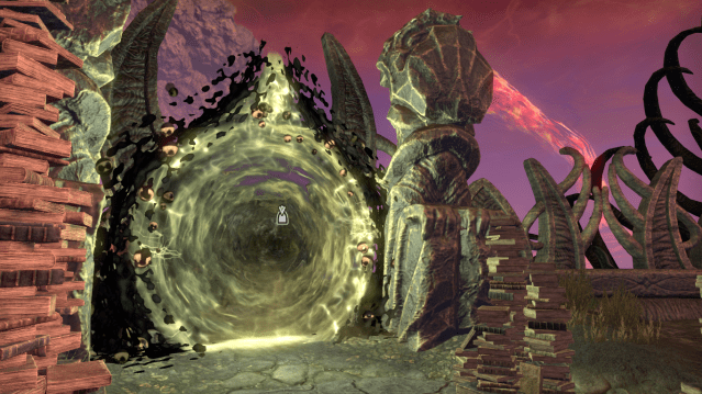 A green portal surronded by piles of books that leads to Underweaver in ESO.