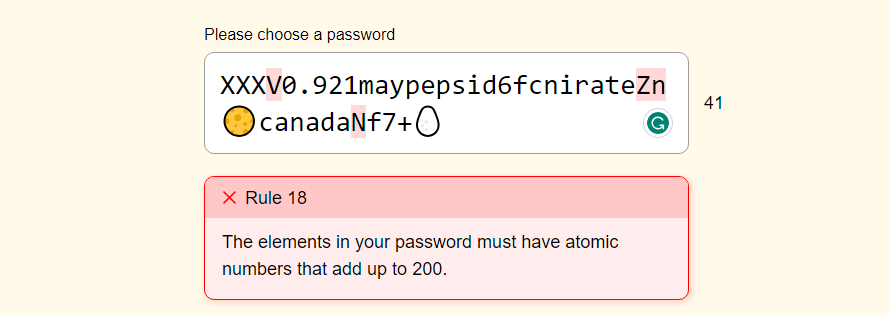 A screenshot of The Password Game, listing a particular rule in red while a password sits incomplete in a text entry box.