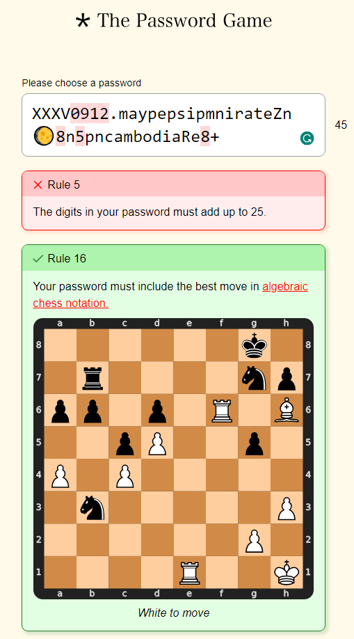 A screenshot of The Password Game in a browser window, with a chessboard puzzle in the Rule 16 box below the text entry area.