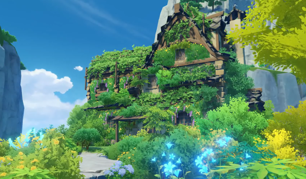 Screenshot showing a green house full of plants in a Genshin Serenitea Pot.