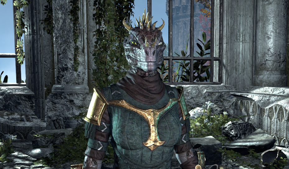 A Warden Argonian wearing the Champion Gear in the character creation menu in ESO.