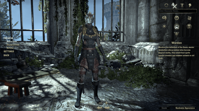 A Warden Argonian wearing the Novice Gear in the character creation menu in ESO.